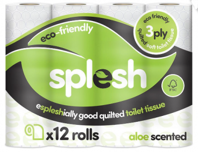Splesh by Cusheen Quilted Luxury Aloe Vera 3 Ply Toilet Roll 12 Pack RRP 4.99 CLEARANCE XL 3.99